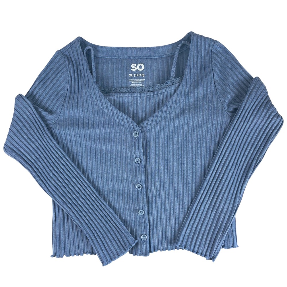 SO Girls Lace Trim Ribbed Twin‎ Set Cardigan Cami Pelican Blue XL 14/16 - Picture 2 of 7